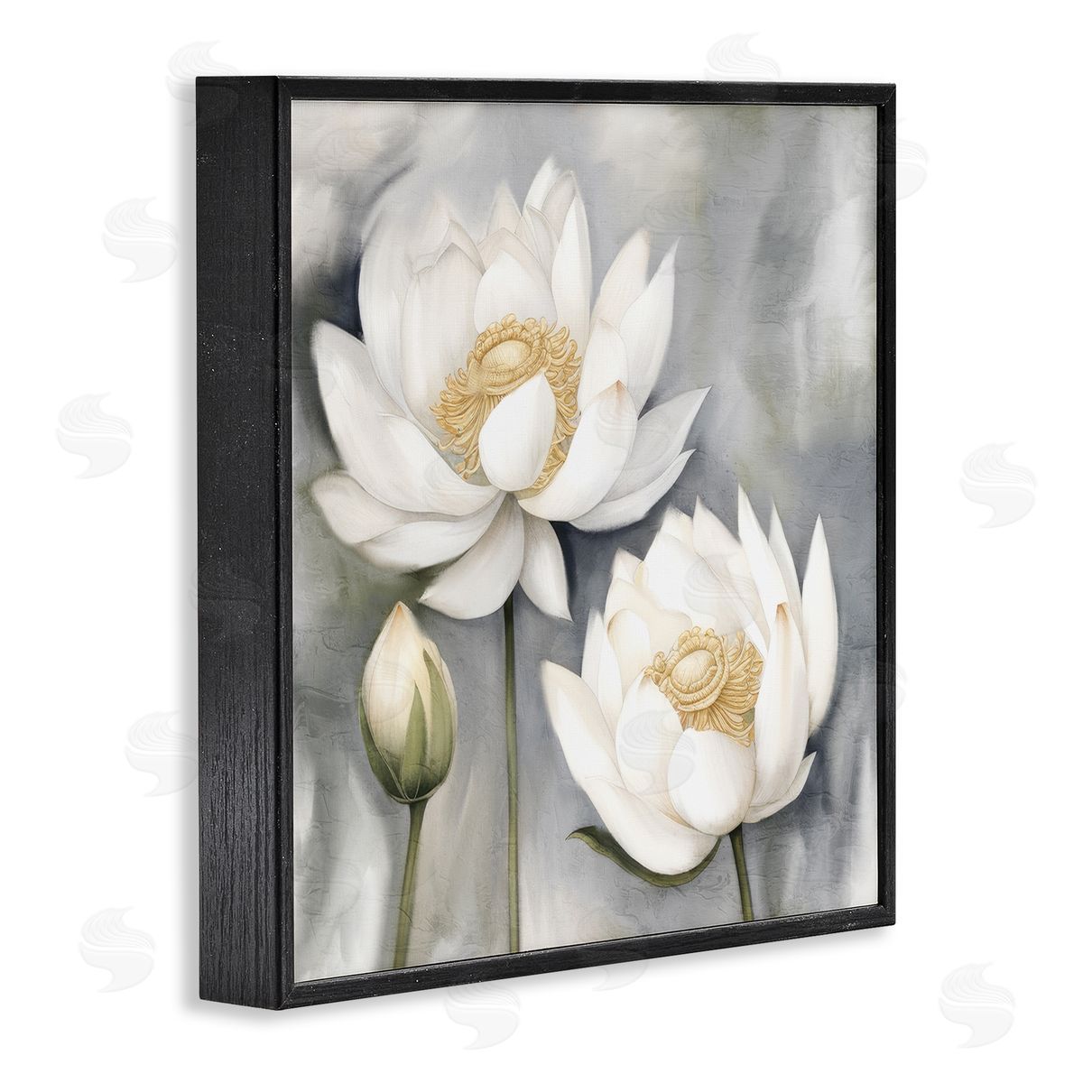Kim Allen White Lotuses on Grey Black Framed Giclee Wall Art Print