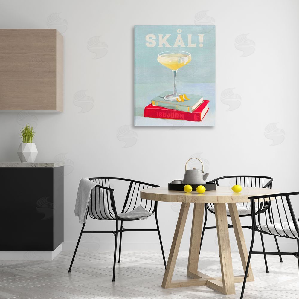 The Whiskey Ginger Skal Cocktail & Bookstack Canvas Wall Art Print in Room
