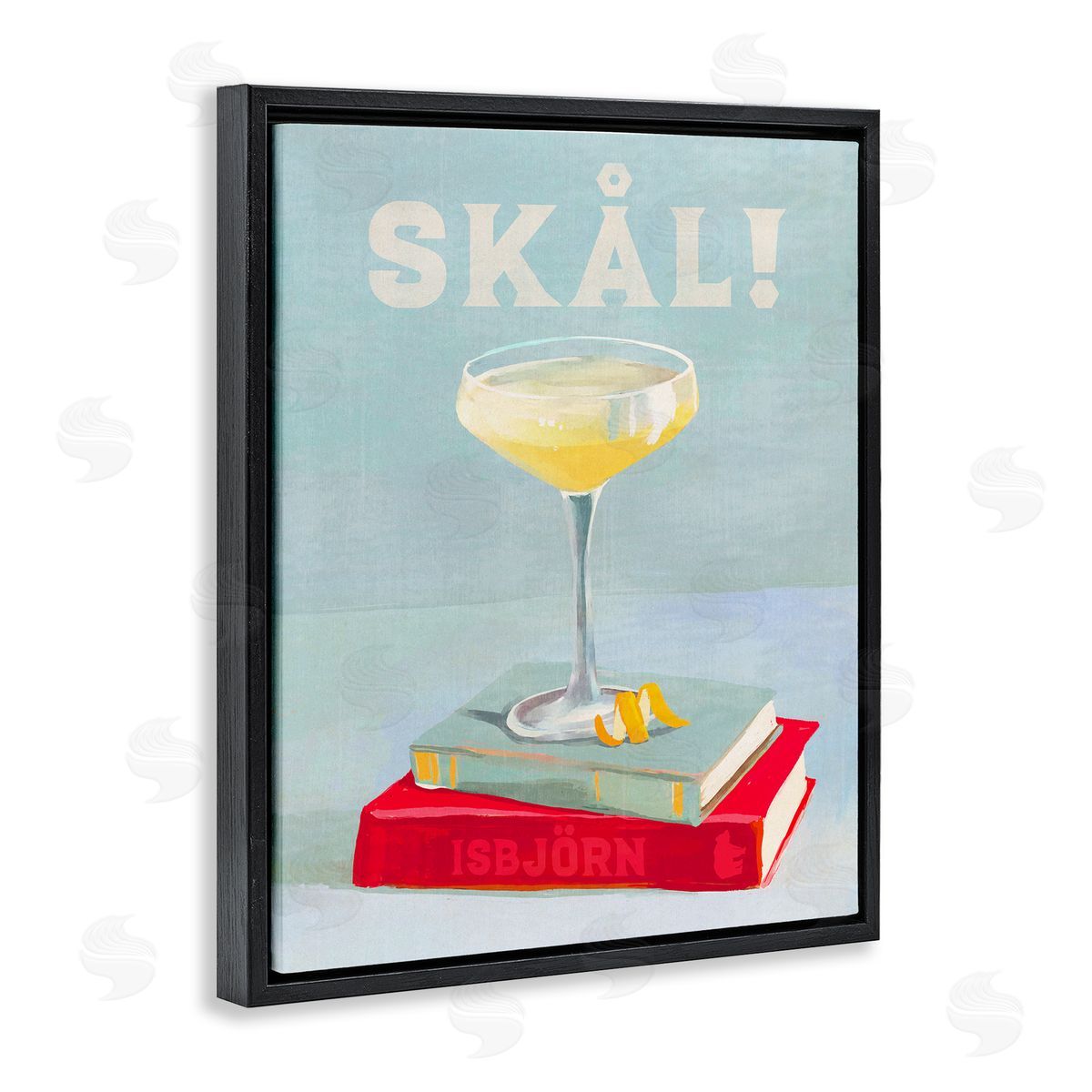 The Whiskey Ginger Skal Cocktail & Bookstack Black Floating Frame Canvas Wall Art Print