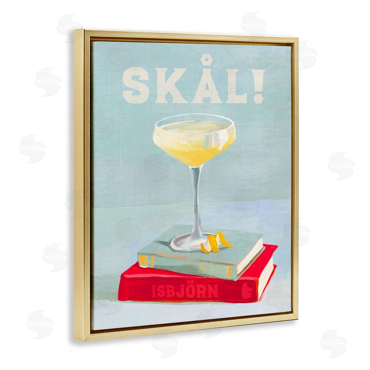 The Whiskey Ginger Skal Cocktail & Bookstack Gold Floating Frame Canvas Wall Art Print