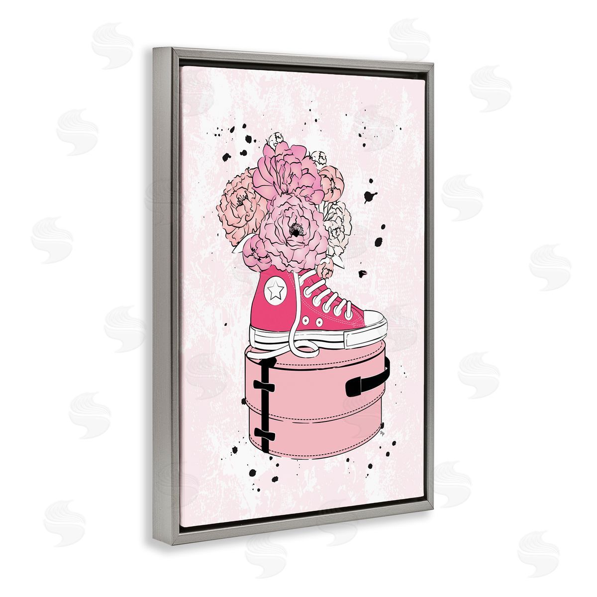Martina Pavlova Pink Glam Sneaker Florals Gray Floating Frame Canvas Wall Art Print