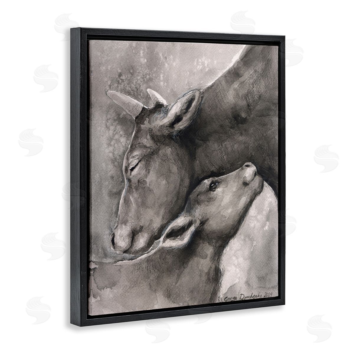 George Dyachenko Mother Cow & Calf Black Floating Frame Canvas Wall Art Print