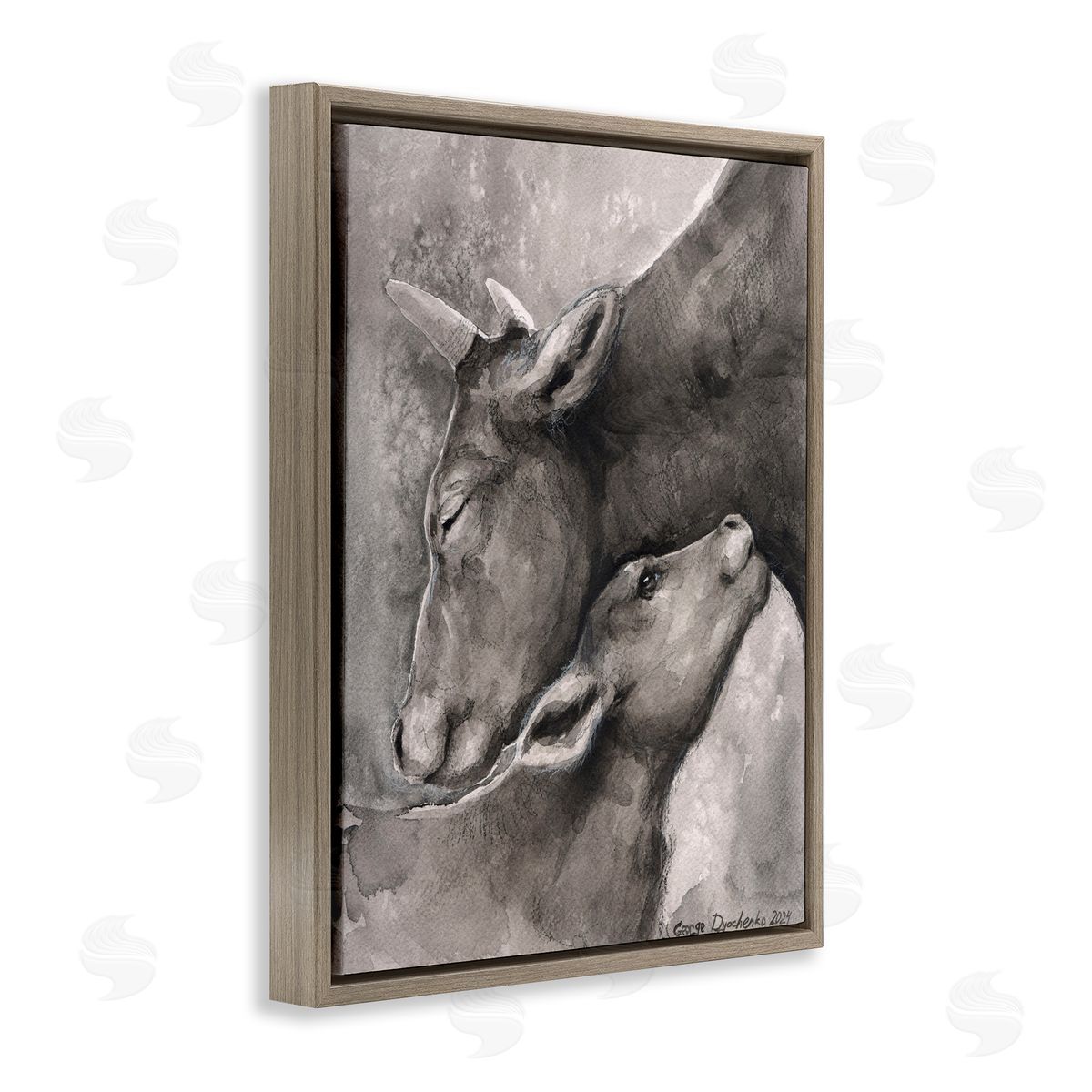 George Dyachenko Mother Cow & Calf Brown Floating Frame Canvas Wall Art Print
