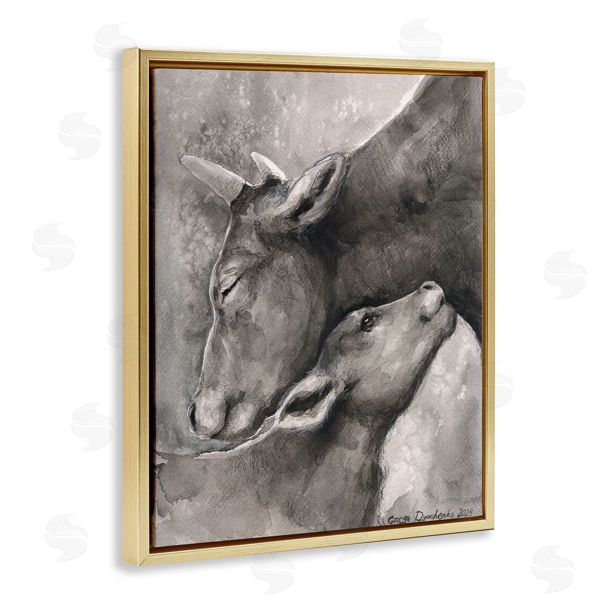 George Dyachenko Mother Cow & Calf Gold Floating Frame Canvas Wall Art Print
