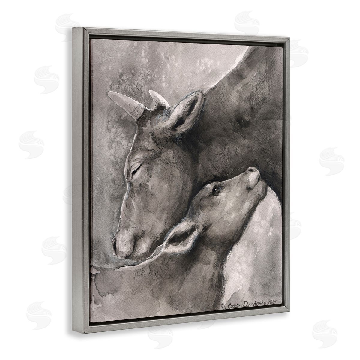 George Dyachenko Mother Cow & Calf Gray Floating Frame Canvas Wall Art Print