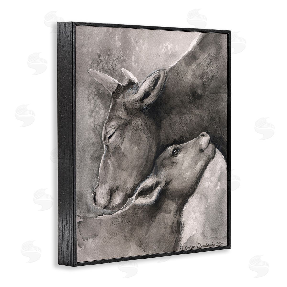 George Dyachenko Mother Cow & Calf Black Framed Giclee Wall Art Print