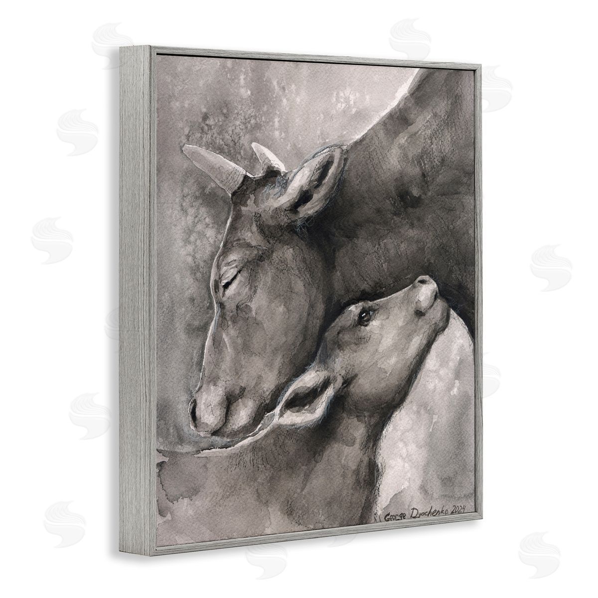 George Dyachenko Mother Cow & Calf Gray Framed Giclee Wall Art Print