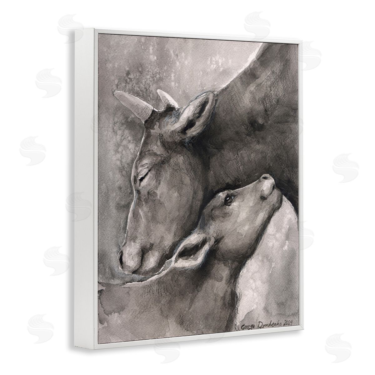 George Dyachenko Mother Cow & Calf White Framed Giclee Wall Art Print