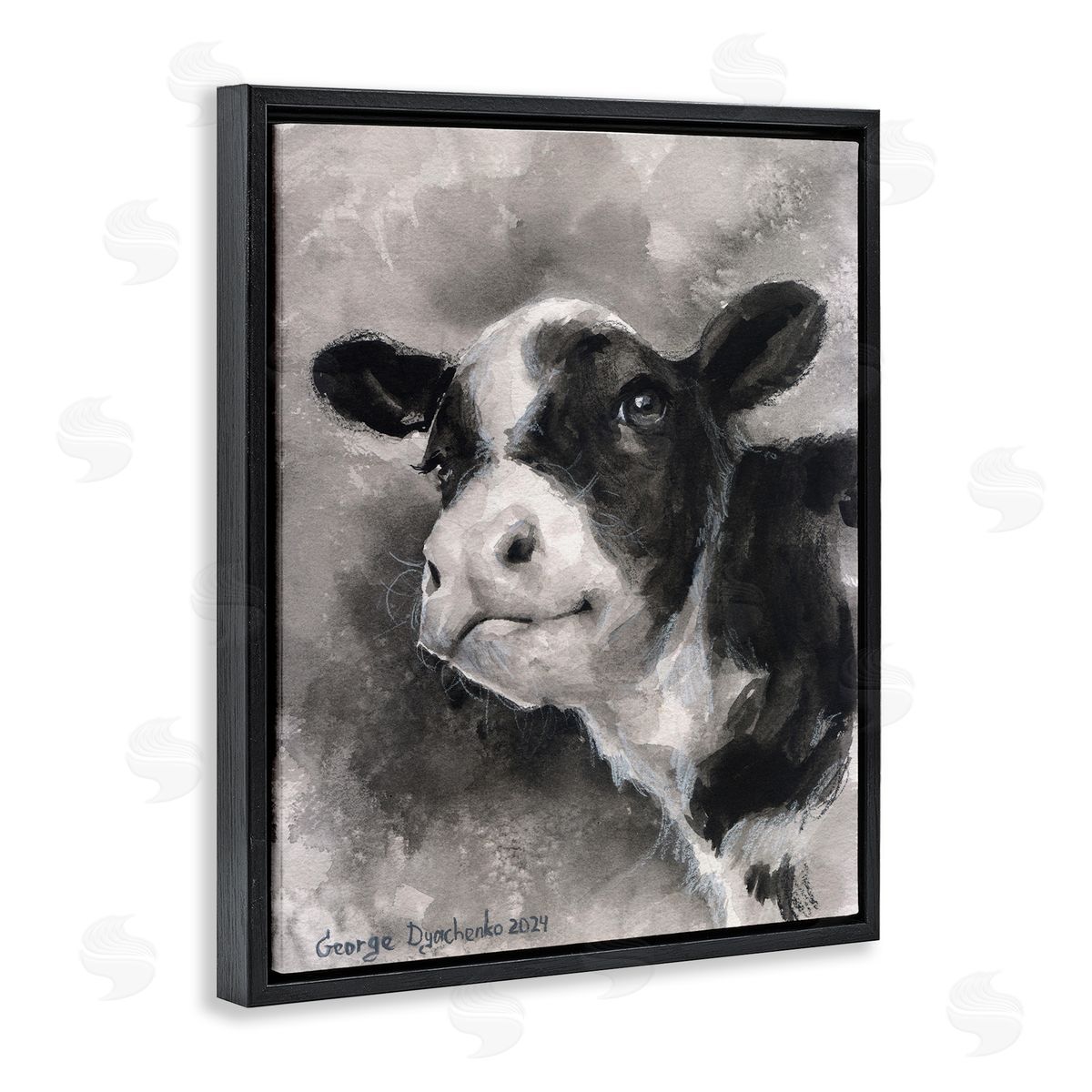 George Dyachenko Smiling Baby Calf Black Floating Frame Canvas Wall Art Print