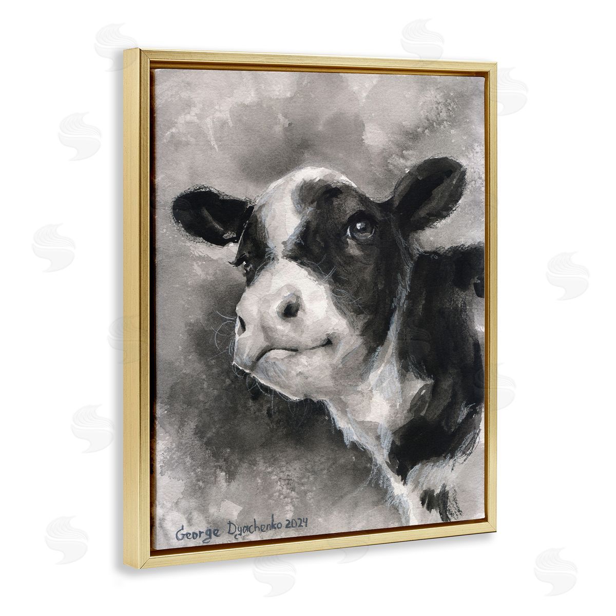 George Dyachenko Smiling Baby Calf Gold Floating Frame Canvas Wall Art Print