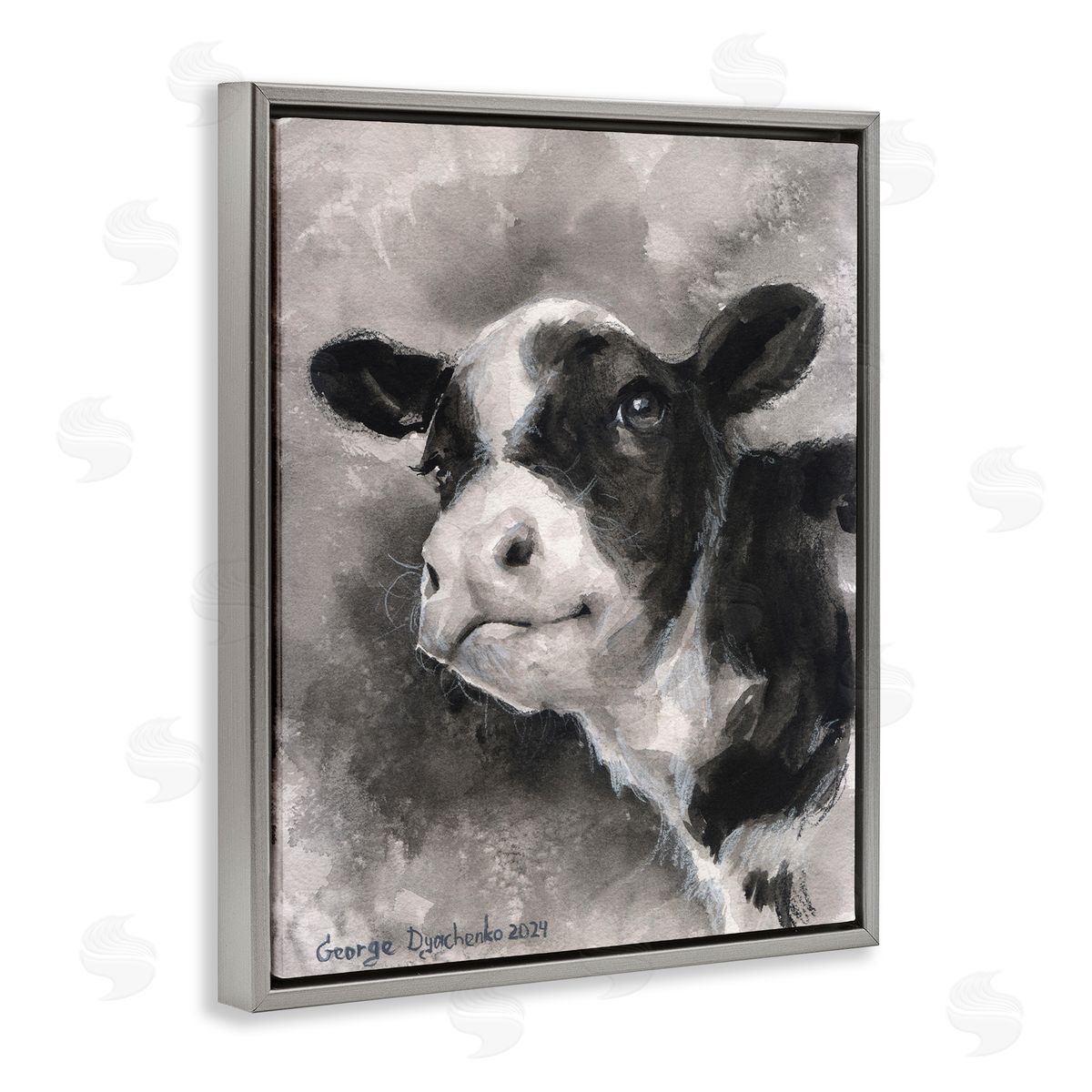 George Dyachenko Smiling Baby Calf Gray Floating Frame Canvas Wall Art Print