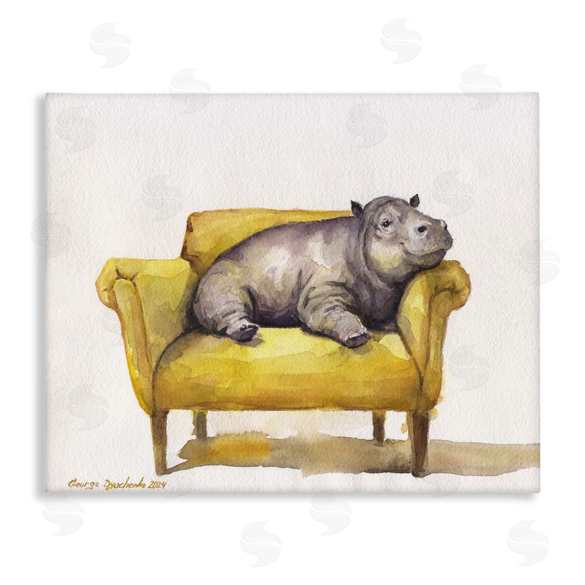 George Dyachenko Hippo on Yellow Chair Canvas Wall Art Print