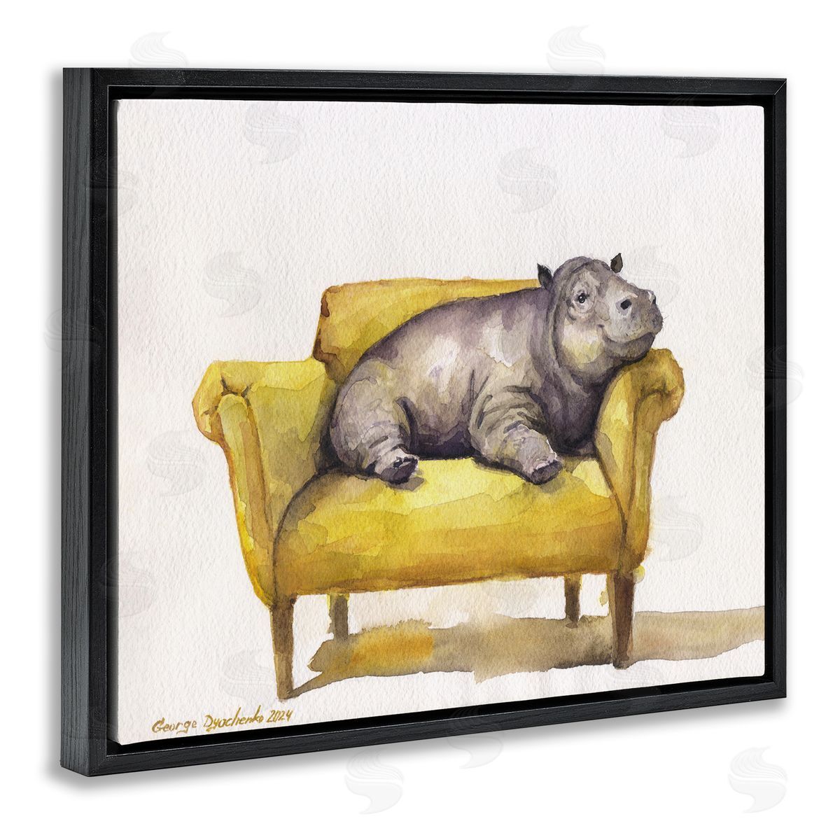 George Dyachenko Hippo on Yellow Chair Black Floating Frame Canvas Wall Art Print