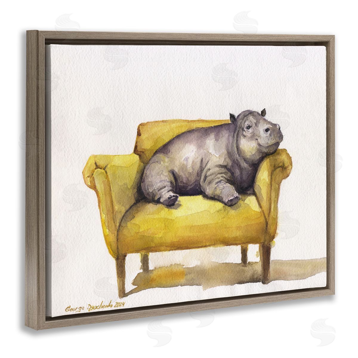 George Dyachenko Hippo on Yellow Chair Brown Floating Frame Canvas Wall Art Print
