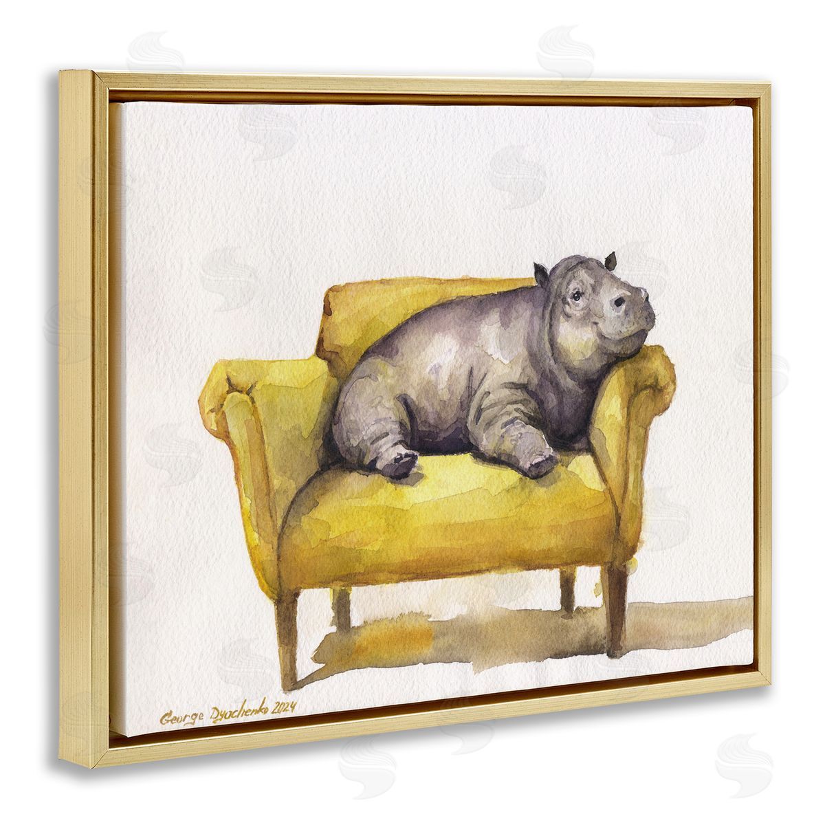 George Dyachenko Hippo on Yellow Chair Gold Floating Frame Canvas Wall Art Print