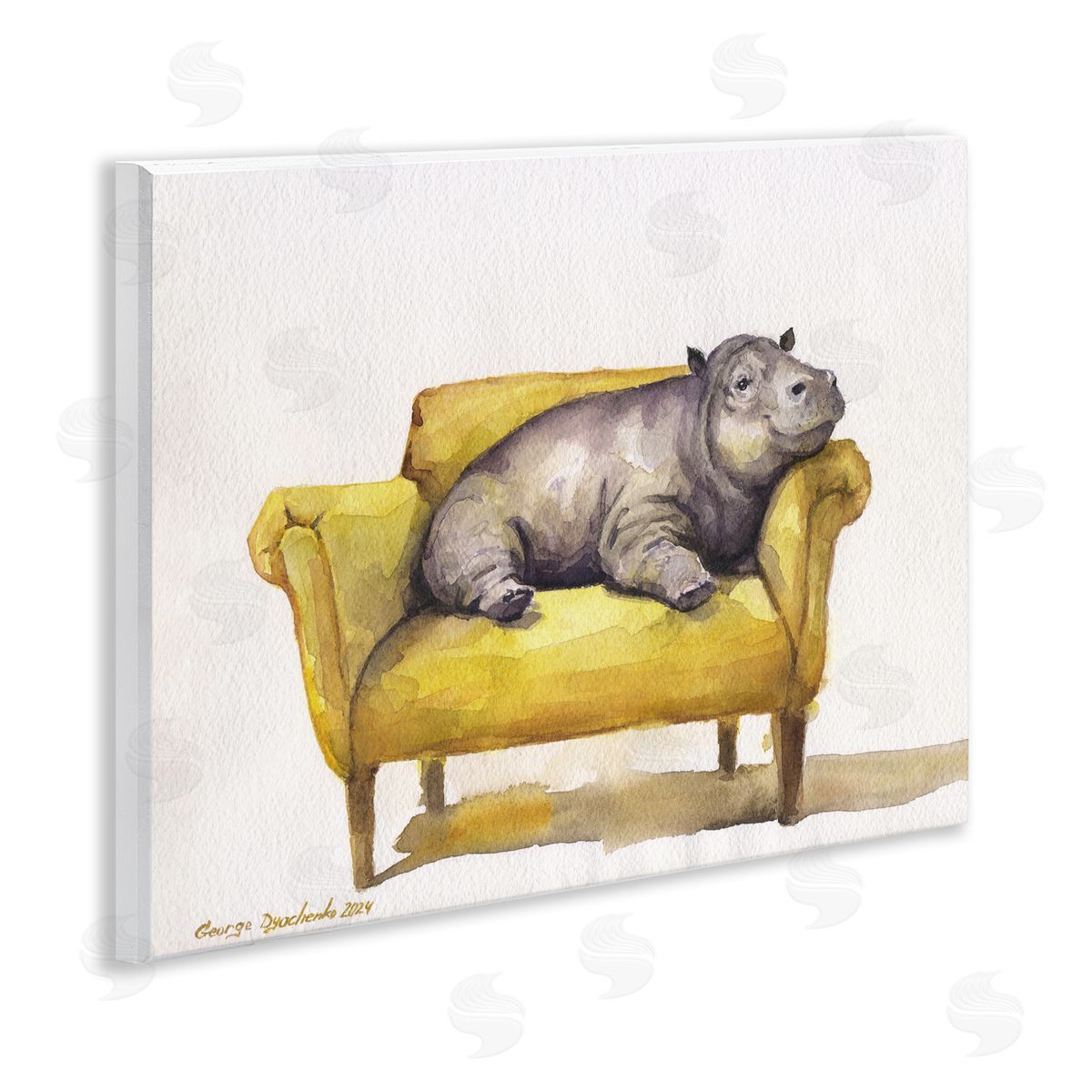George Dyachenko Hippo on Yellow Chair Wooden Wall Plaque Art Print