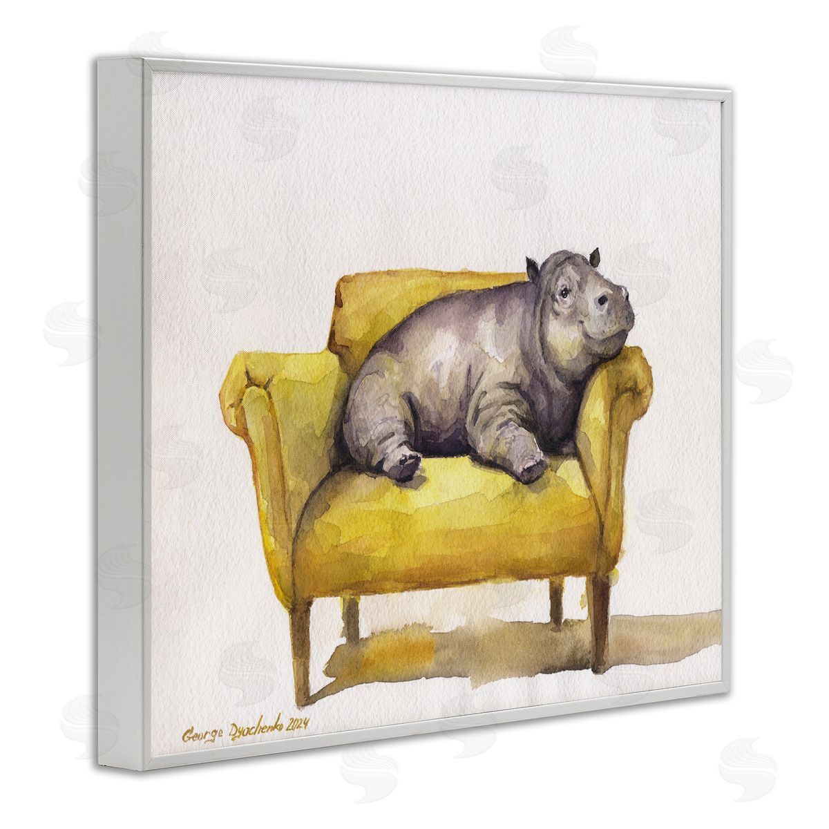 George Dyachenko Hippo on Yellow Chair White Framed Giclee Wall Art Print