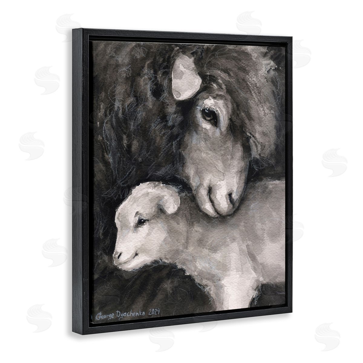 George Dyachenko Cuddling Sheep & Lamb Black Floating Frame Canvas Wall Art Print