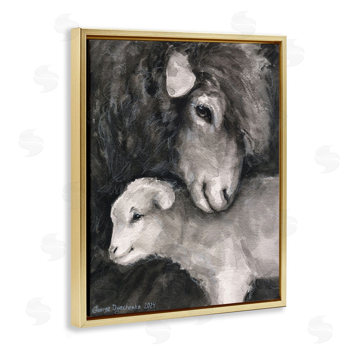 George Dyachenko Cuddling Sheep & Lamb Gold Floating Frame Canvas Wall Art Print