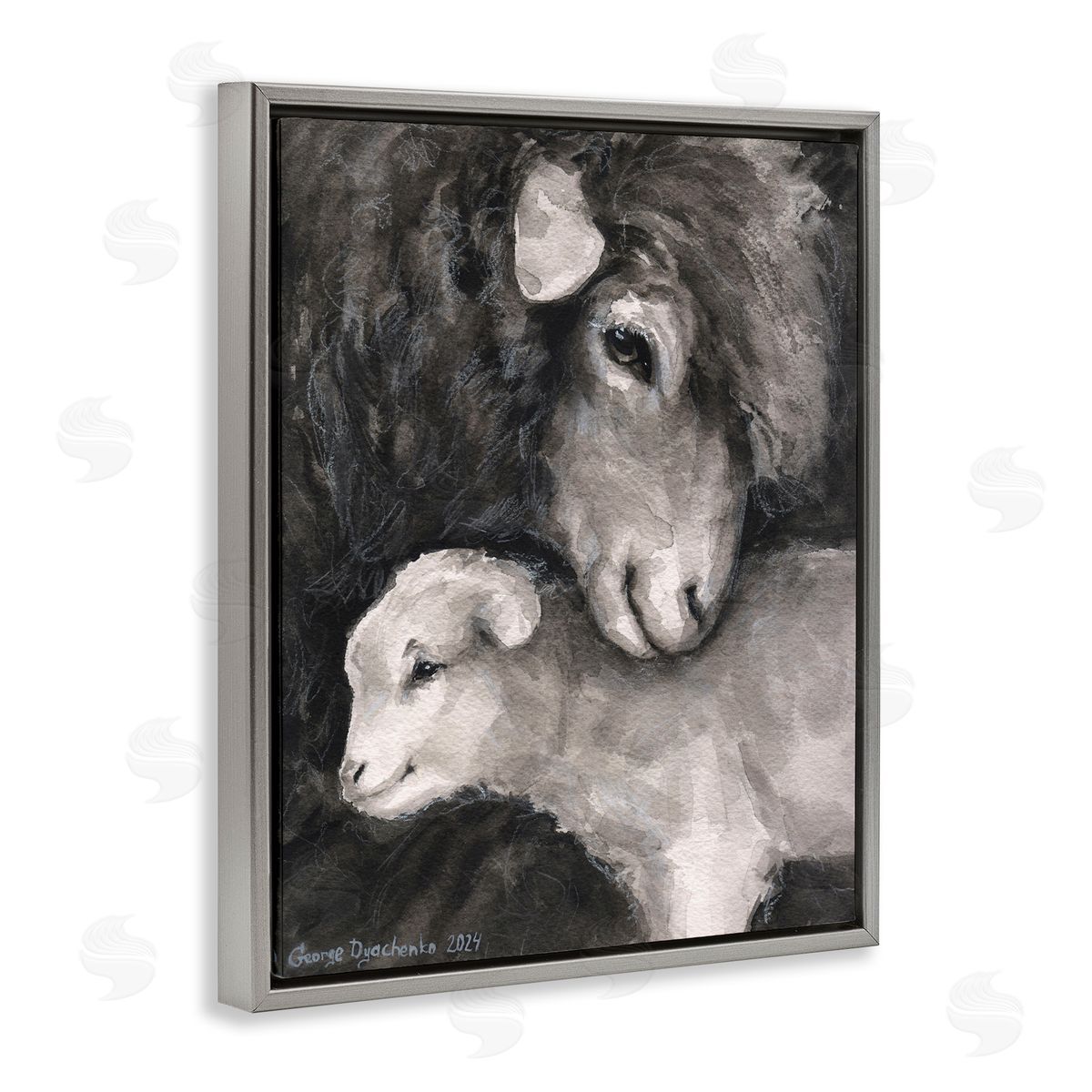 George Dyachenko Cuddling Sheep & Lamb Gray Floating Frame Canvas Wall Art Print