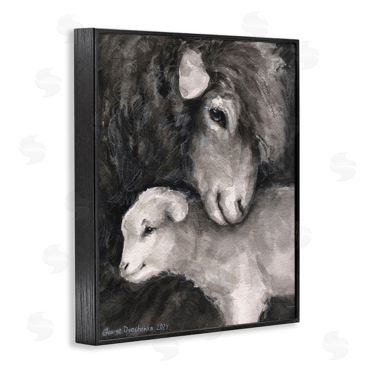 George Dyachenko Cuddling Sheep & Lamb Black Framed Giclee Wall Art Print