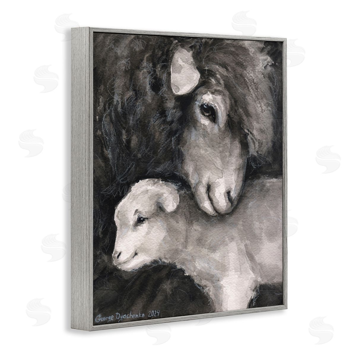 George Dyachenko Cuddling Sheep & Lamb Gray Framed Giclee Wall Art Print