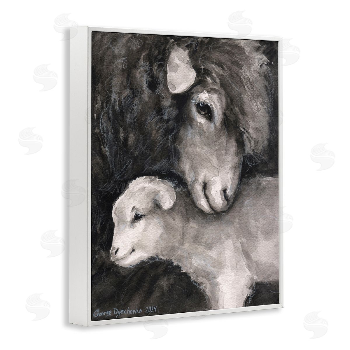 George Dyachenko Cuddling Sheep & Lamb White Framed Giclee Wall Art Print