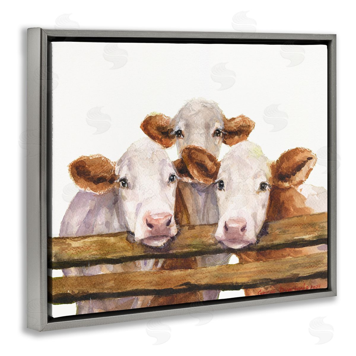 George Dyachenko Three Cow Friends Gray Floating Frame Canvas Wall Art Print