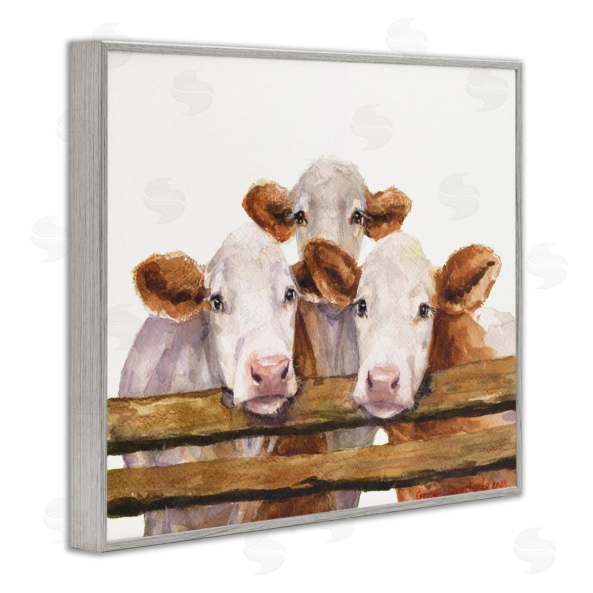 George Dyachenko Three Cow Friends Gray Framed Giclee Wall Art Print
