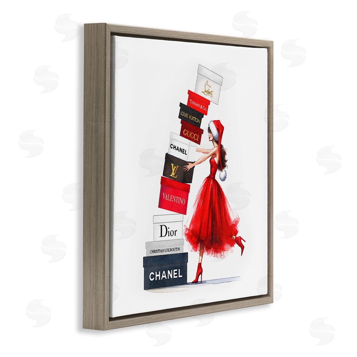 Holiday Glam Shopping Boxes Brown Floating Frame Canvas Wall Art, Home Decor by Amanda Greenwood