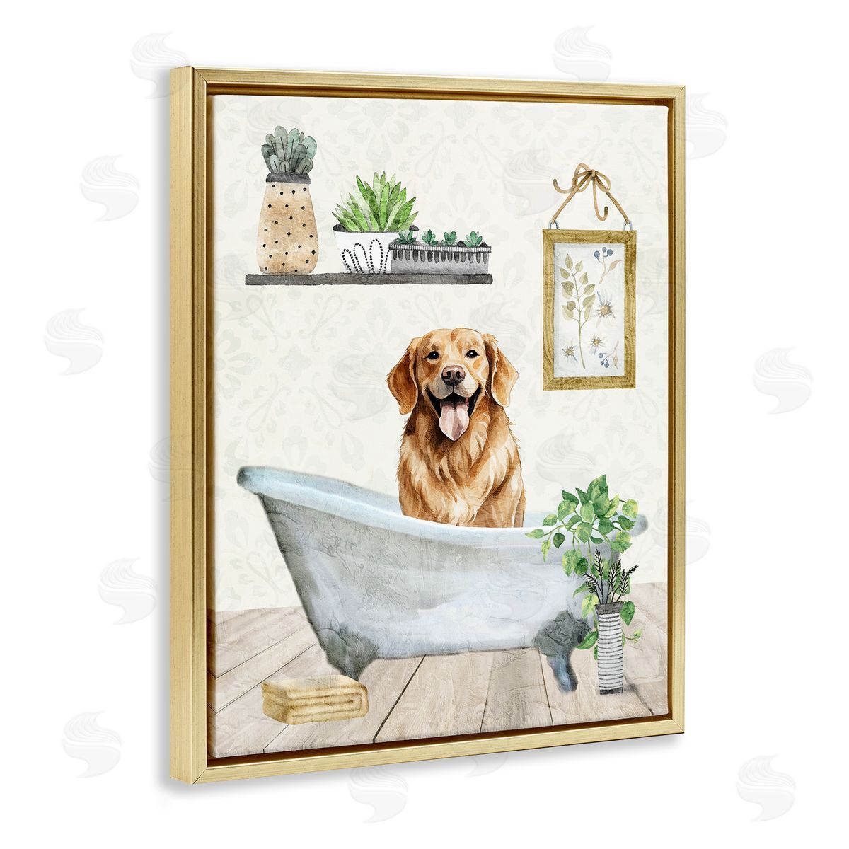 Kim Allen Doggie Bath Time Gold Floating Frame Canvas Wall Art Print