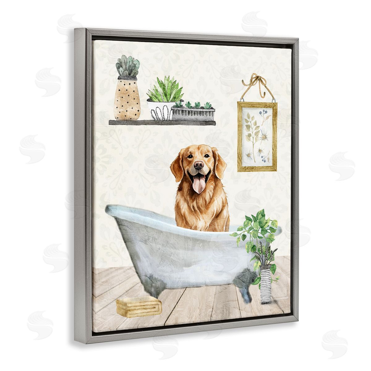 Kim Allen Doggie Bath Time Gray Floating Frame Canvas Wall Art Print