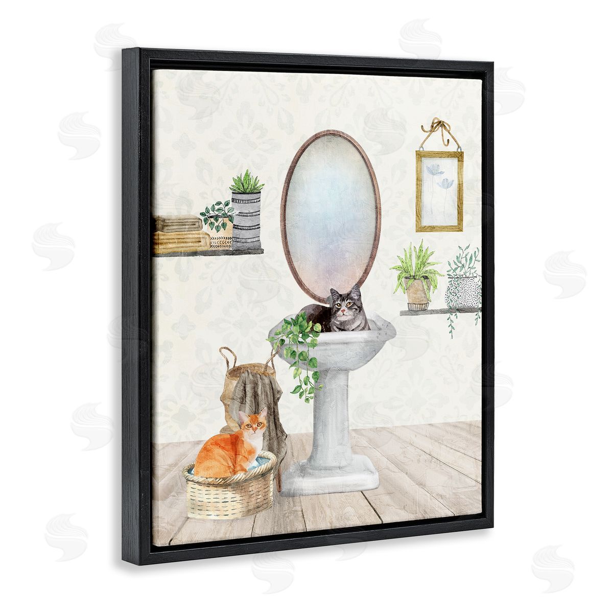 Kim Allen Cats in Bathroom Scene Black Floating Frame Canvas Wall Art Print
