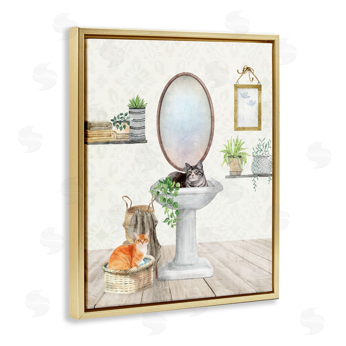 Kim Allen Cats in Bathroom Scene Gold Floating Frame Canvas Wall Art Print