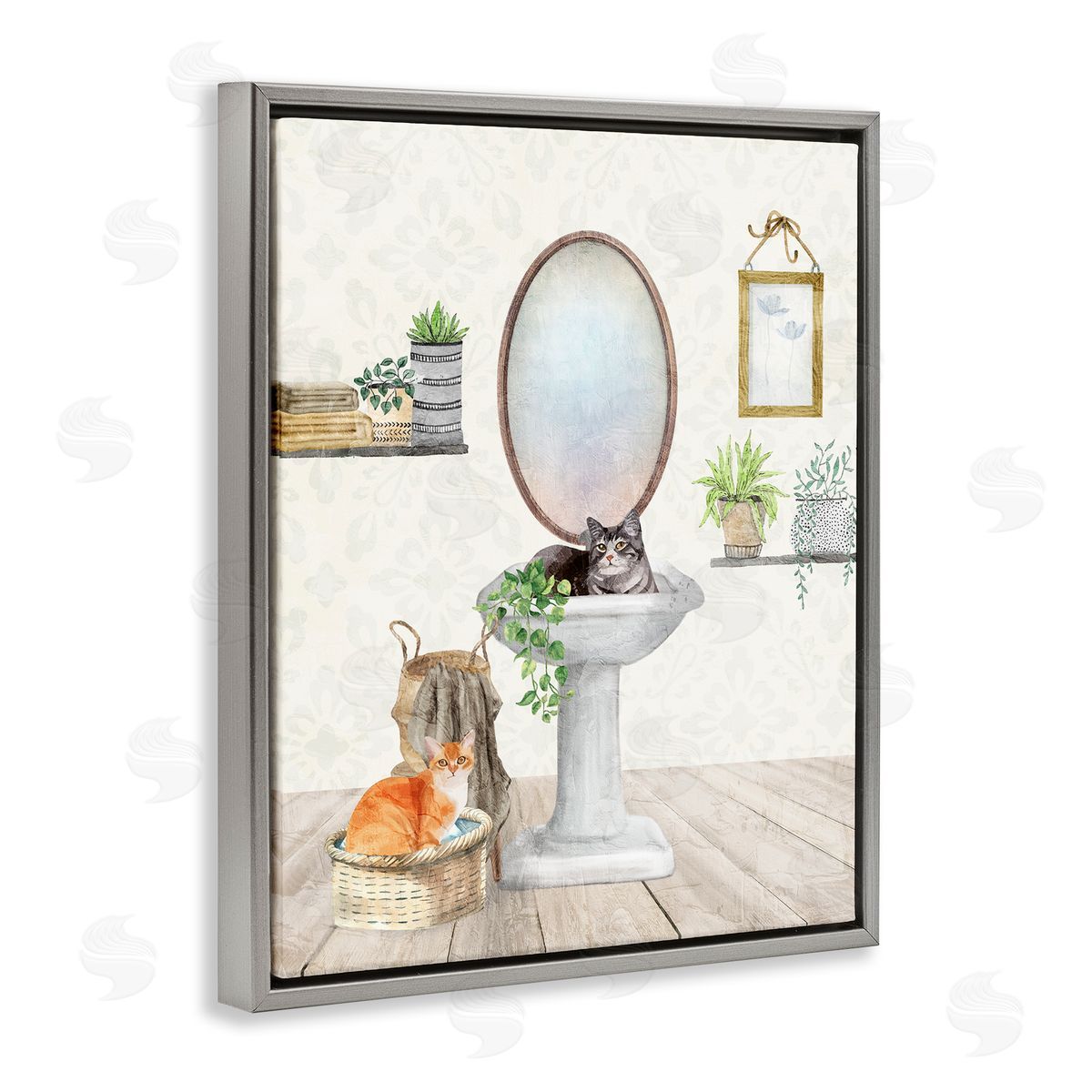 Kim Allen Cats in Bathroom Scene Gray Floating Frame Canvas Wall Art Print