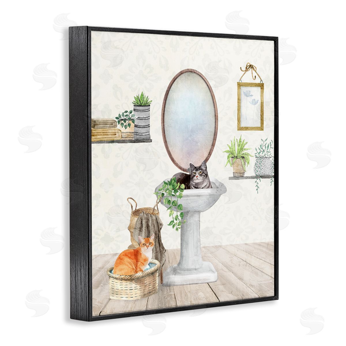 Kim Allen Cats in Bathroom Scene Black Framed Giclee Wall Art Print