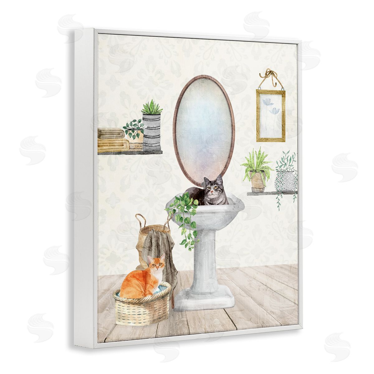 Kim Allen Cats in Bathroom Scene White Framed Giclee Wall Art Print