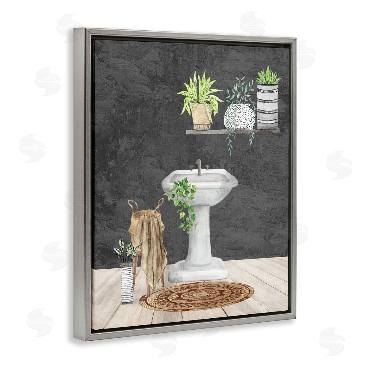 Kim Allen Relaxing Bathroom Scene Gray Floating Frame Canvas Wall Art Print