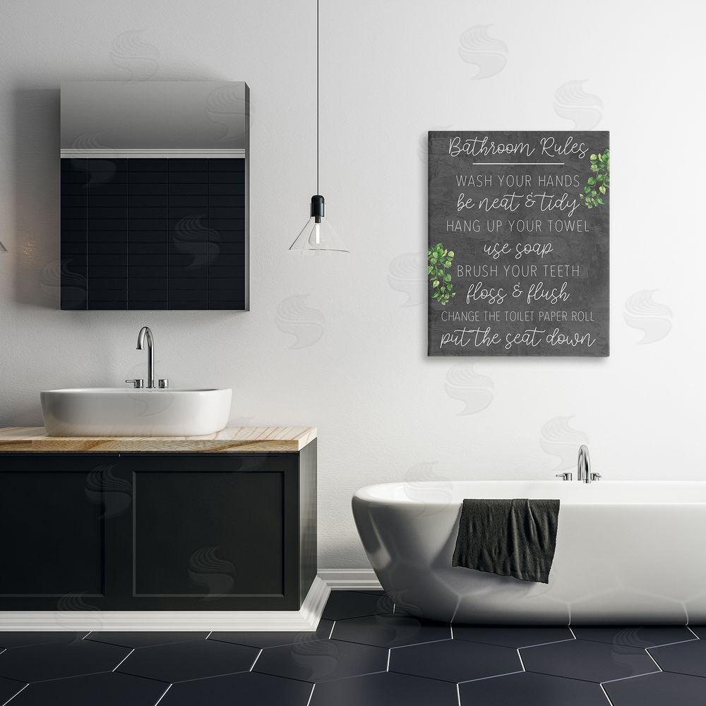 Kim Allen Bathroom Rules with Greenery Canvas Wall Art Print in Room