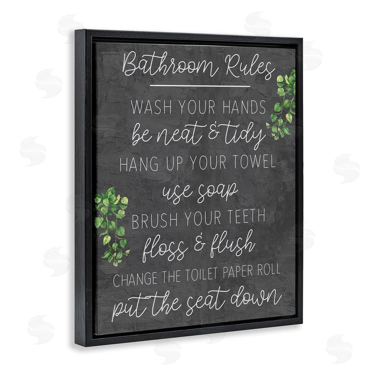 Kim Allen Bathroom Rules with Greenery Black Floating Frame Canvas Wall Art Print