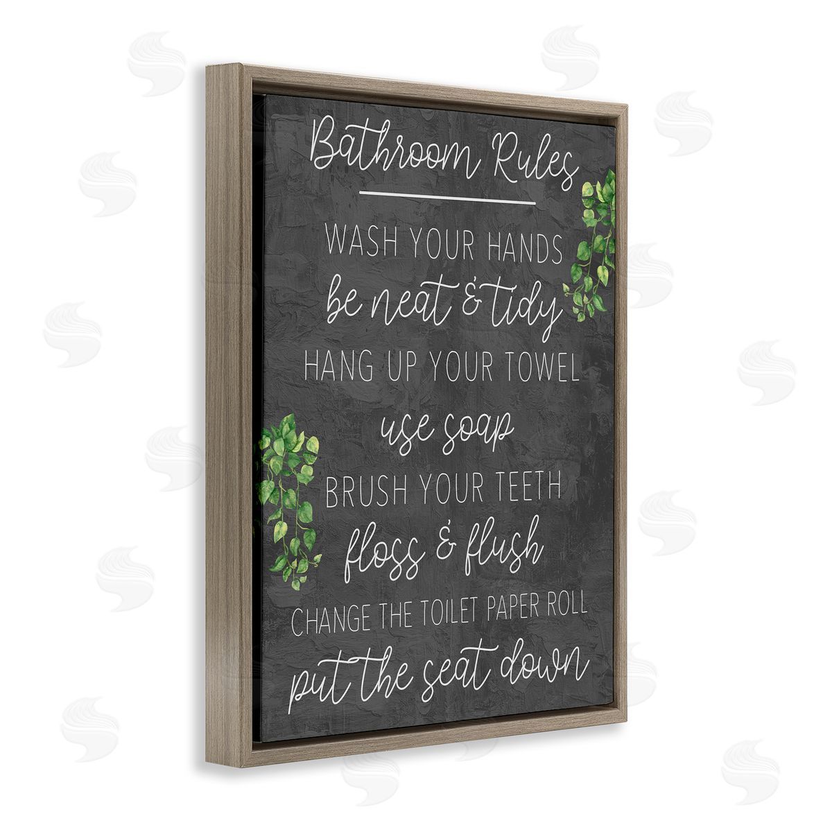 Kim Allen Bathroom Rules with Greenery Brown Floating Frame Canvas Wall Art Print