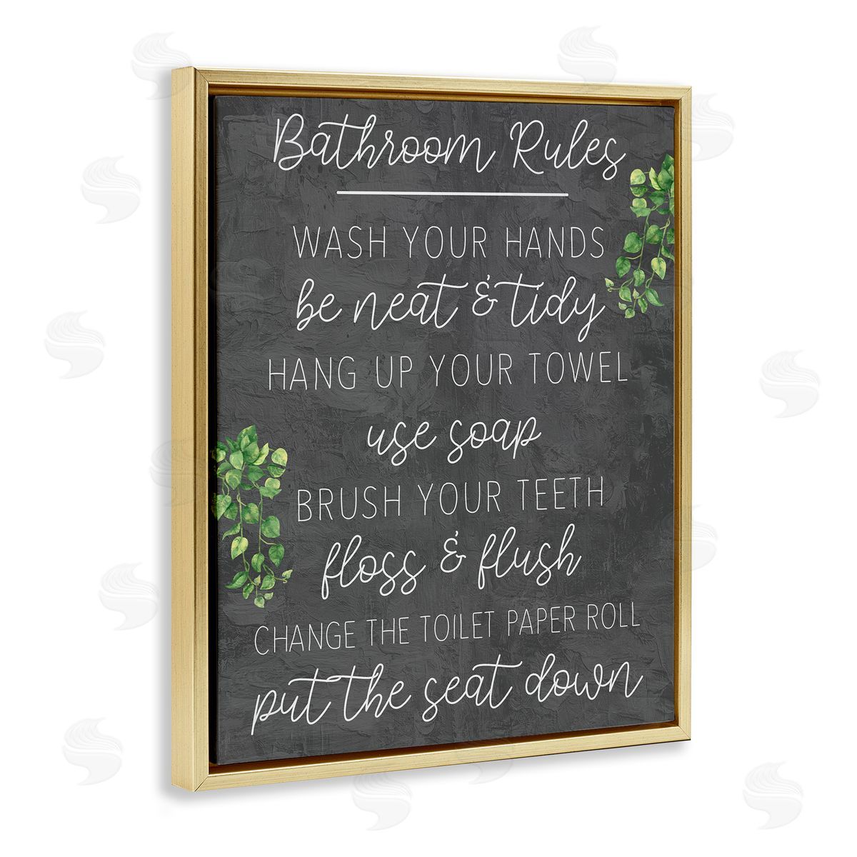 Kim Allen Bathroom Rules with Greenery Gold Floating Frame Canvas Wall Art Print
