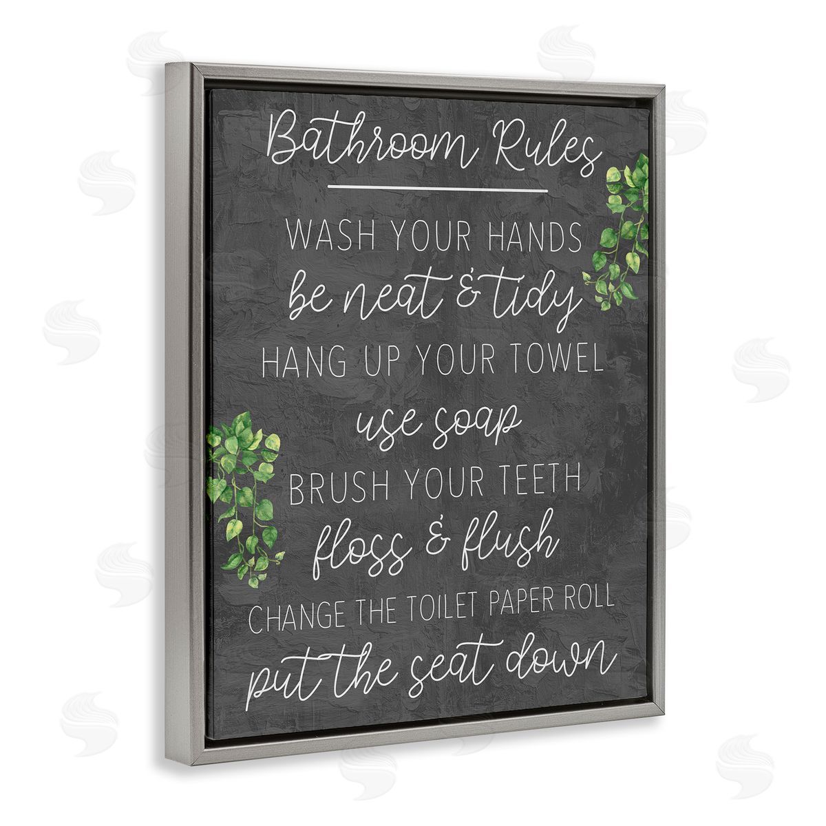 Kim Allen Bathroom Rules with Greenery Gray Floating Frame Canvas Wall Art Print