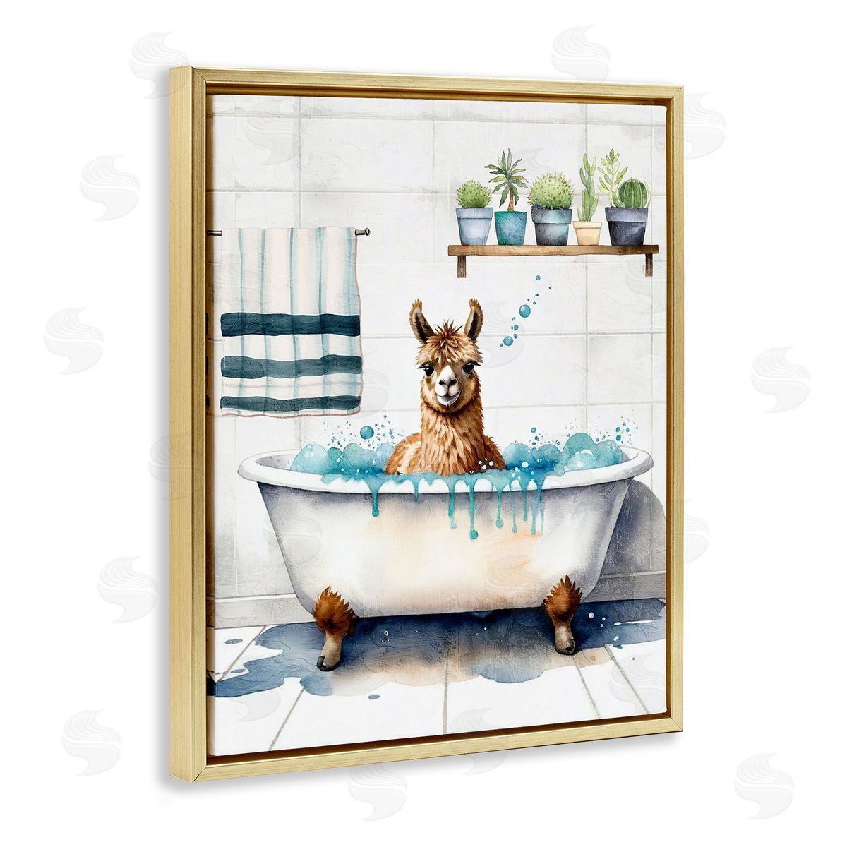 Kim Allen Alpaca Bathtime Suds Gold Floating Frame Canvas Wall Art Print