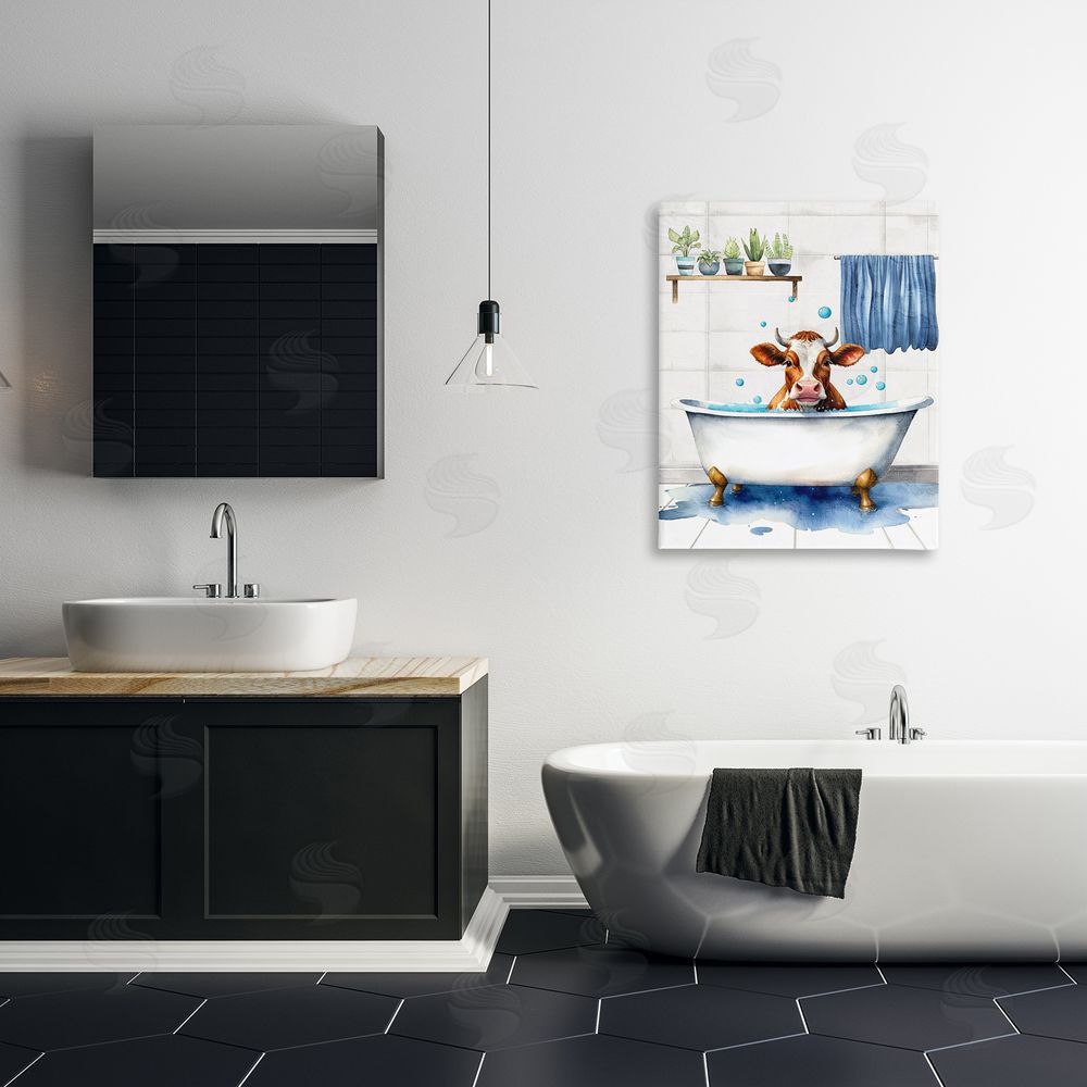 Kim Allen Cattle Bathtime Suds Canvas Wall Art Print in Room