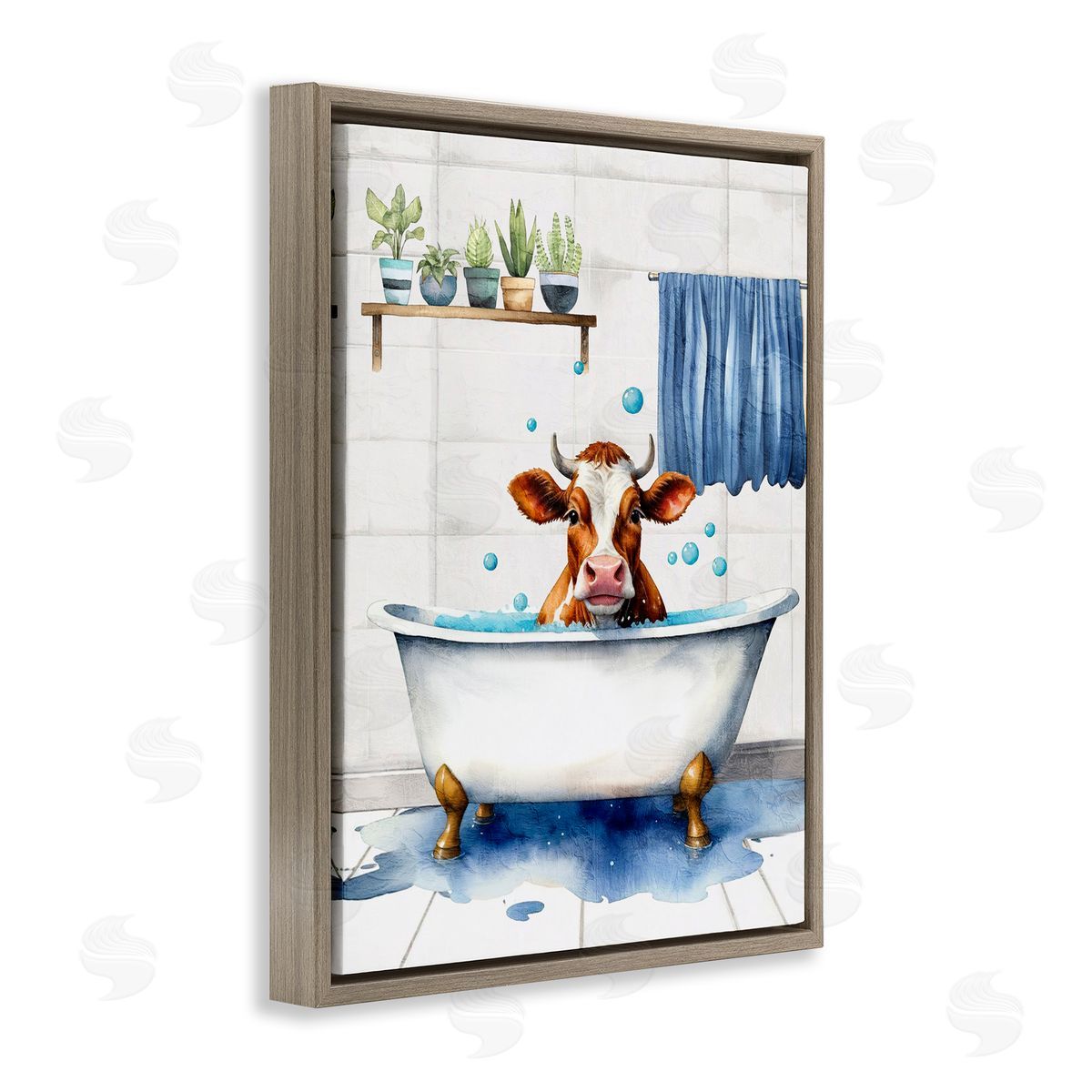 Kim Allen Cattle Bathtime Suds Brown Floating Frame Canvas Wall Art Print