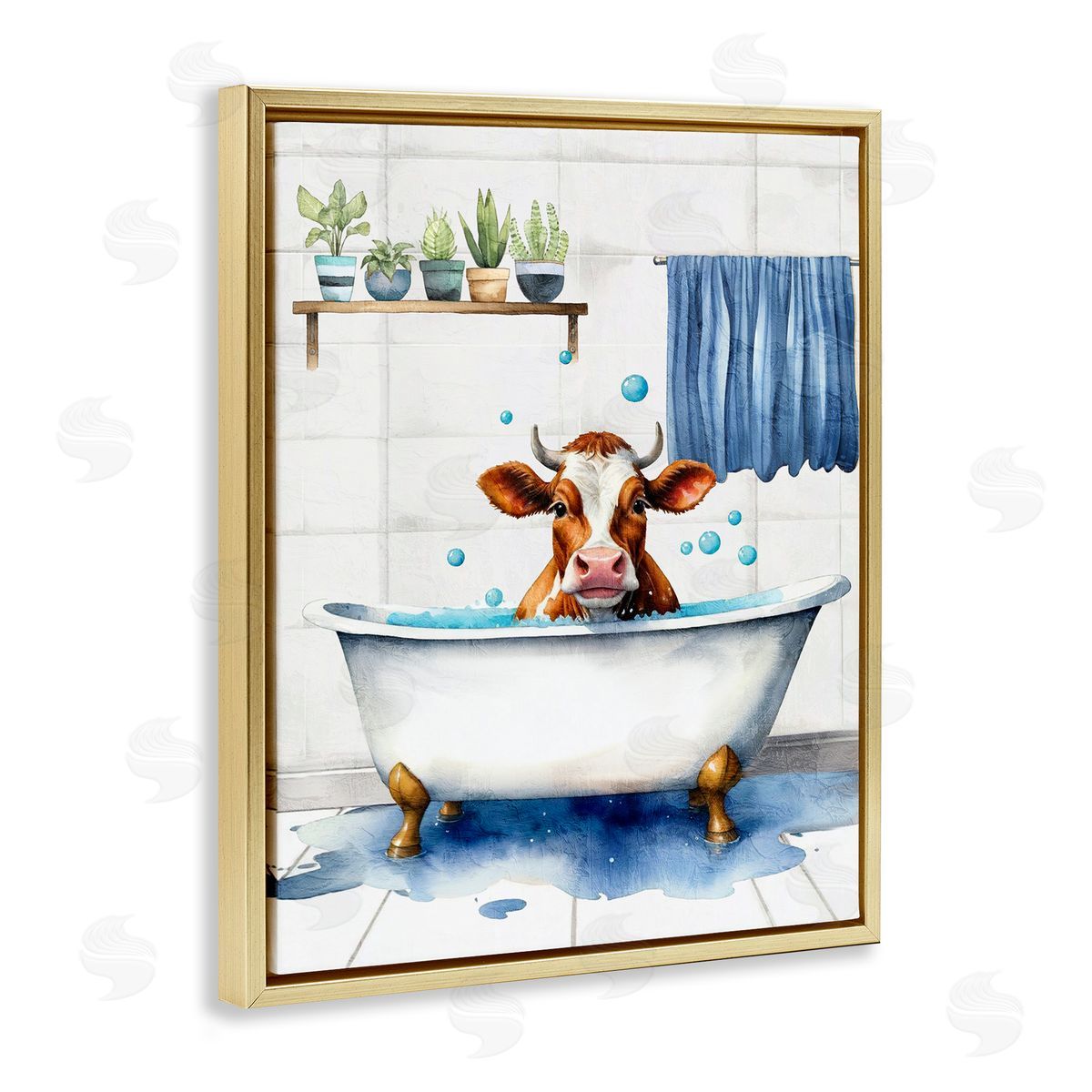 Kim Allen Cattle Bathtime Suds Gold Floating Frame Canvas Wall Art Print