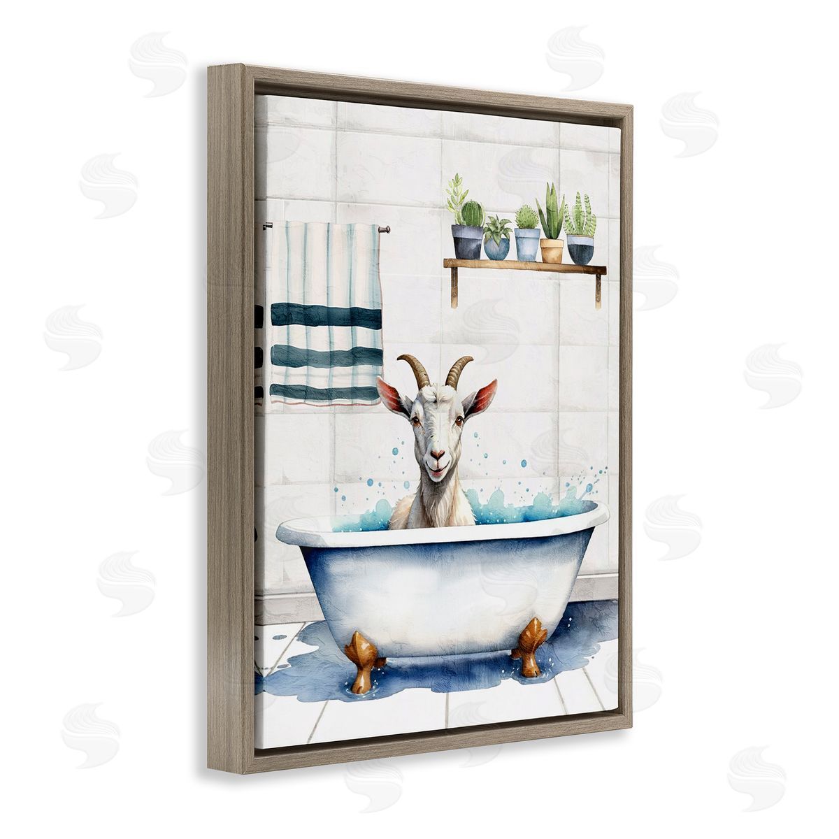 Kim Allen Goat Bathtime Suds Brown Floating Frame Canvas Wall Art Print