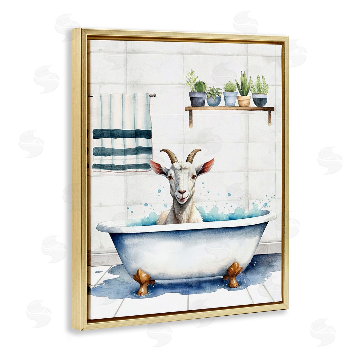 Kim Allen Goat Bathtime Suds Gold Floating Frame Canvas Wall Art Print