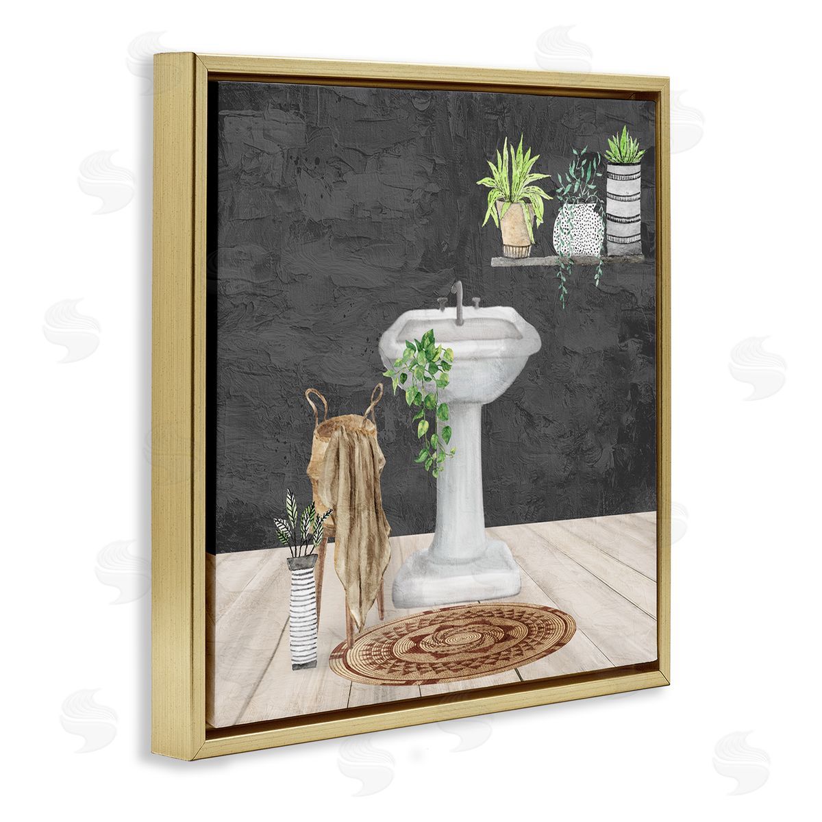 Kim Allen Relaxing Bathroom View Gold Floating Frame Canvas Wall Art Print